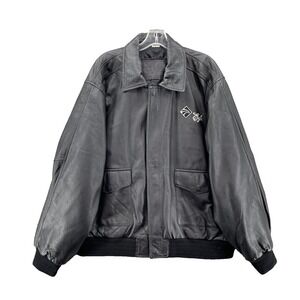 Leather Bomber Jacket Mens XL Black Moto 90s Grunge Biker Classic Aviator Street